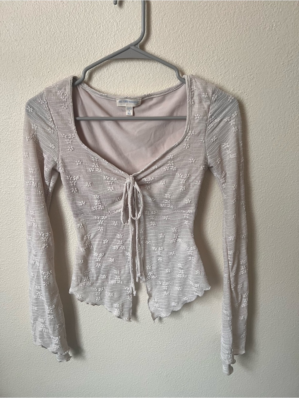 Love Tree Light Pink Floral Tie-Front Long Sleeve Top